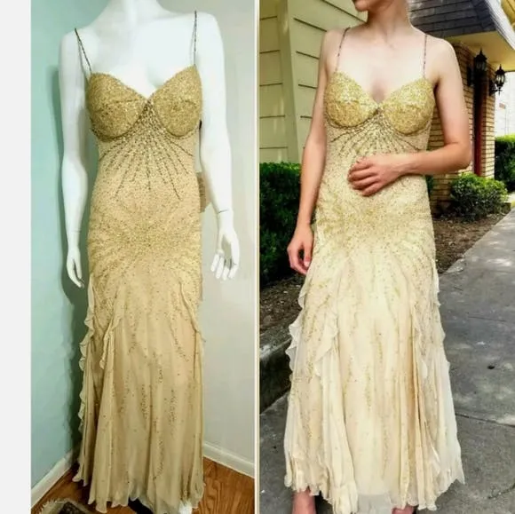 00's Shimmery Gold and Sequin Gown by Diane Freis