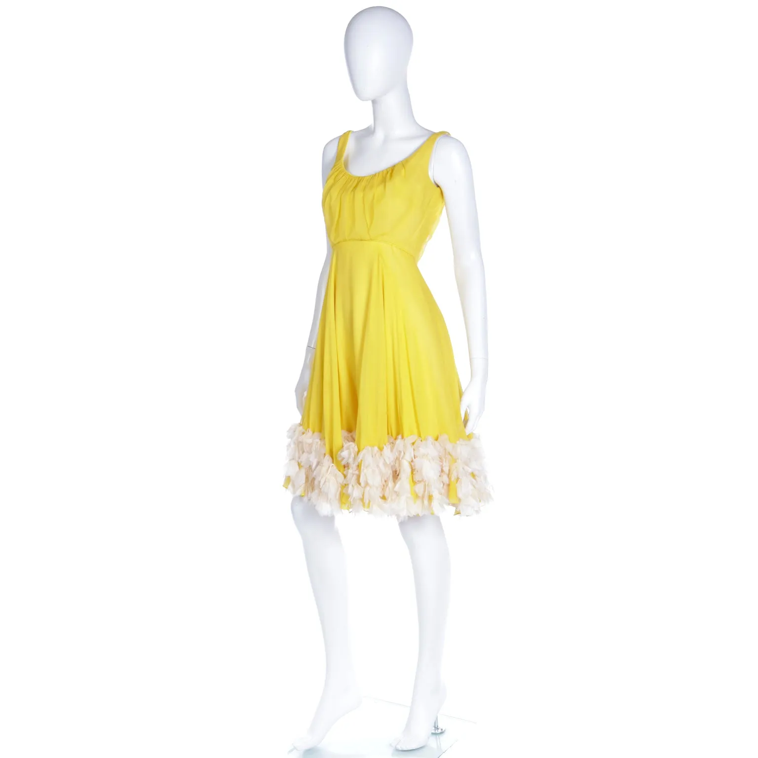 1960s Miss Bergdorf Yellow Silk Chiffon Dress W Silk Faux Feathers