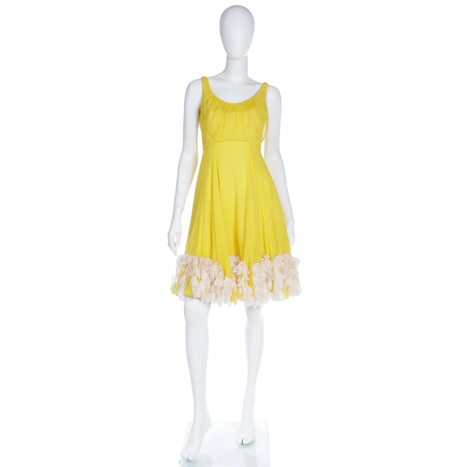 1960s Miss Bergdorf Yellow Silk Chiffon Dress W Silk Faux Feathers