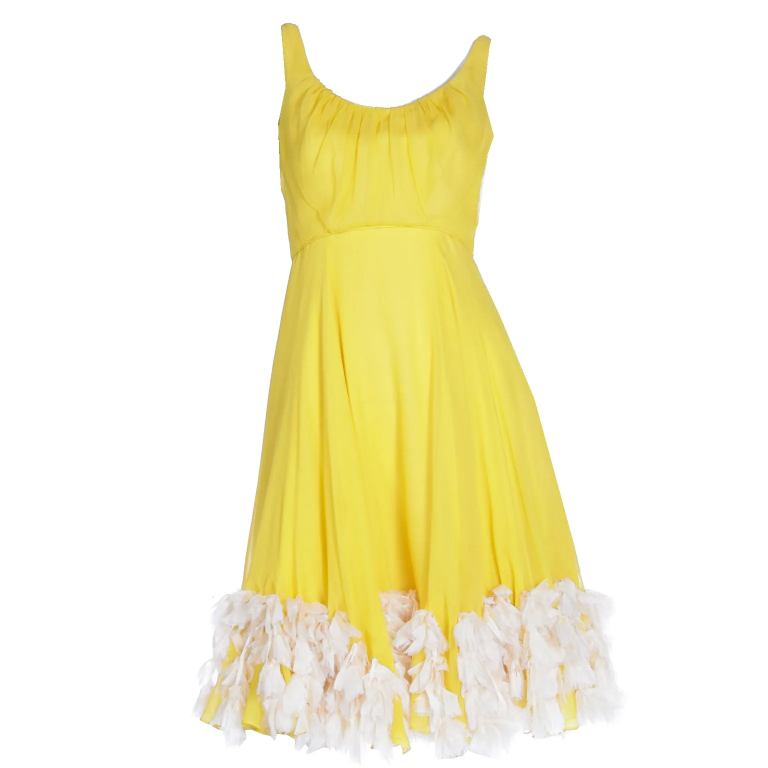 1960s Miss Bergdorf Yellow Silk Chiffon Dress W Silk Faux Feathers