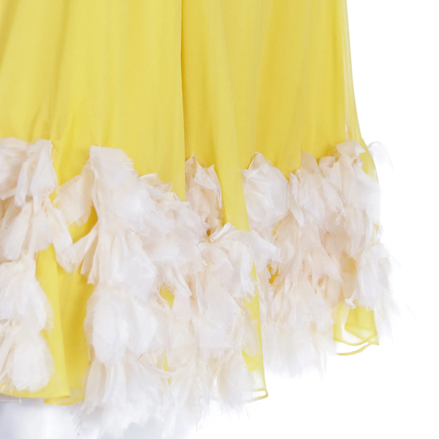 1960s Miss Bergdorf Yellow Silk Chiffon Dress W Silk Faux Feathers