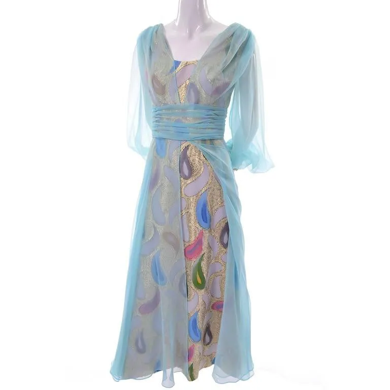 1960's Rose Taft Vintage Blue Chiffon and Gold Metallic Paisley Dress