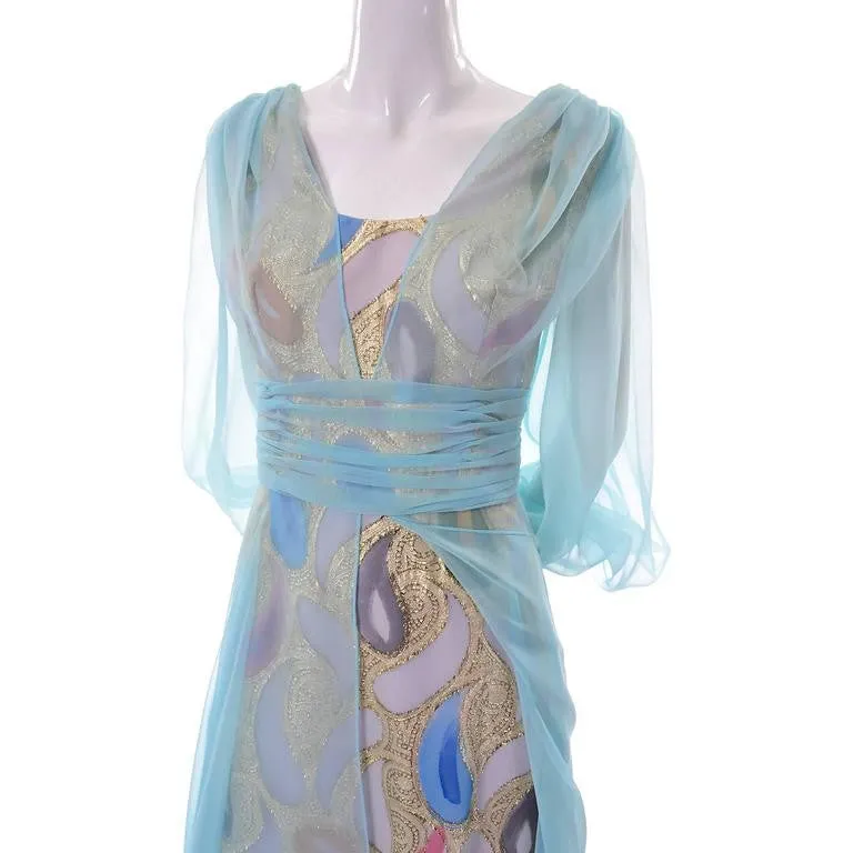 1960's Rose Taft Vintage Blue Chiffon and Gold Metallic Paisley Dress