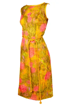 1960's Silk Vintage Dress in Yellow Green Pink Floral Silk Chiffon