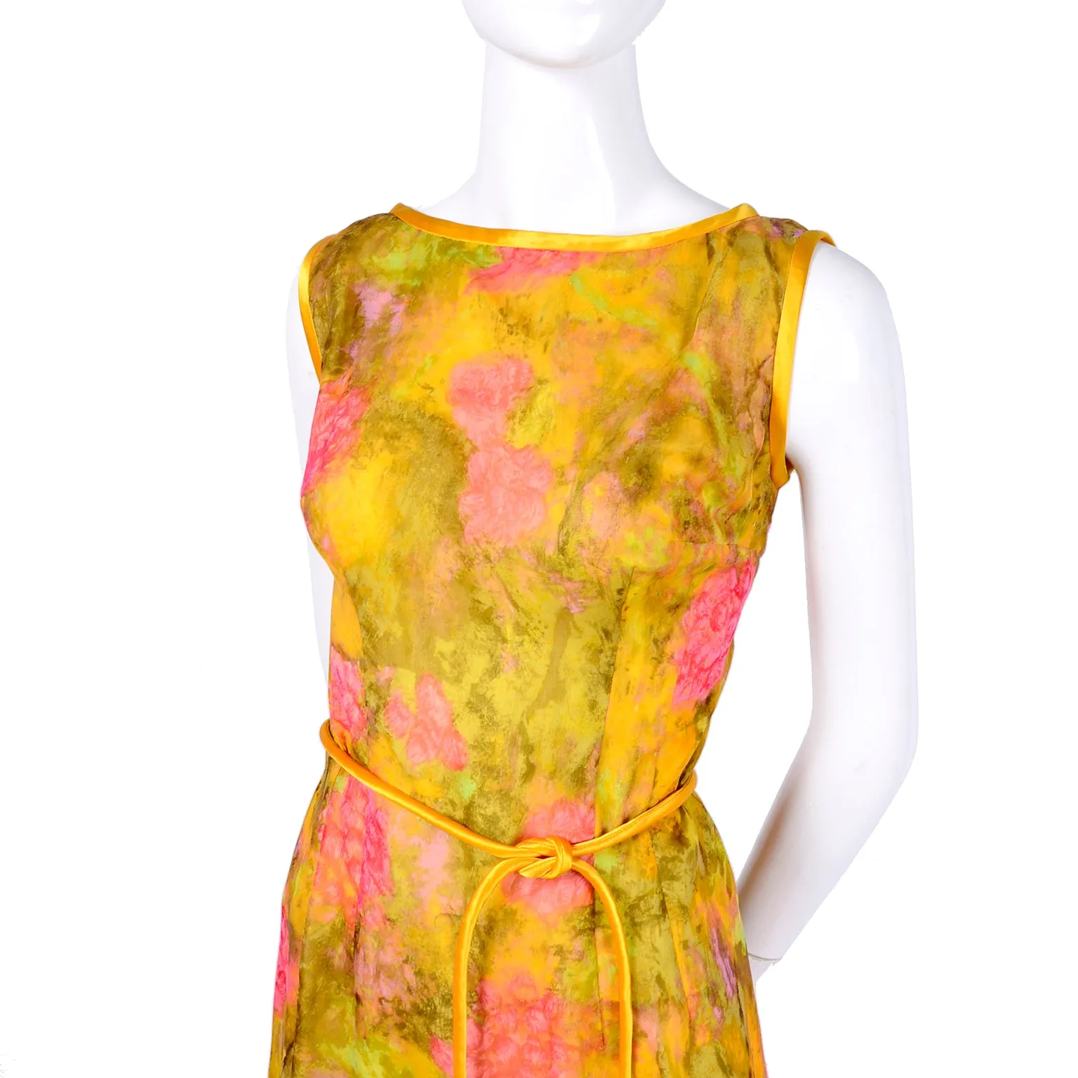 1960's Silk Vintage Dress in Yellow Green Pink Floral Silk Chiffon