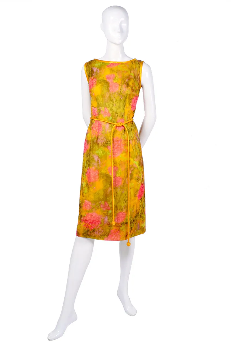 1960's Silk Vintage Dress in Yellow Green Pink Floral Silk Chiffon