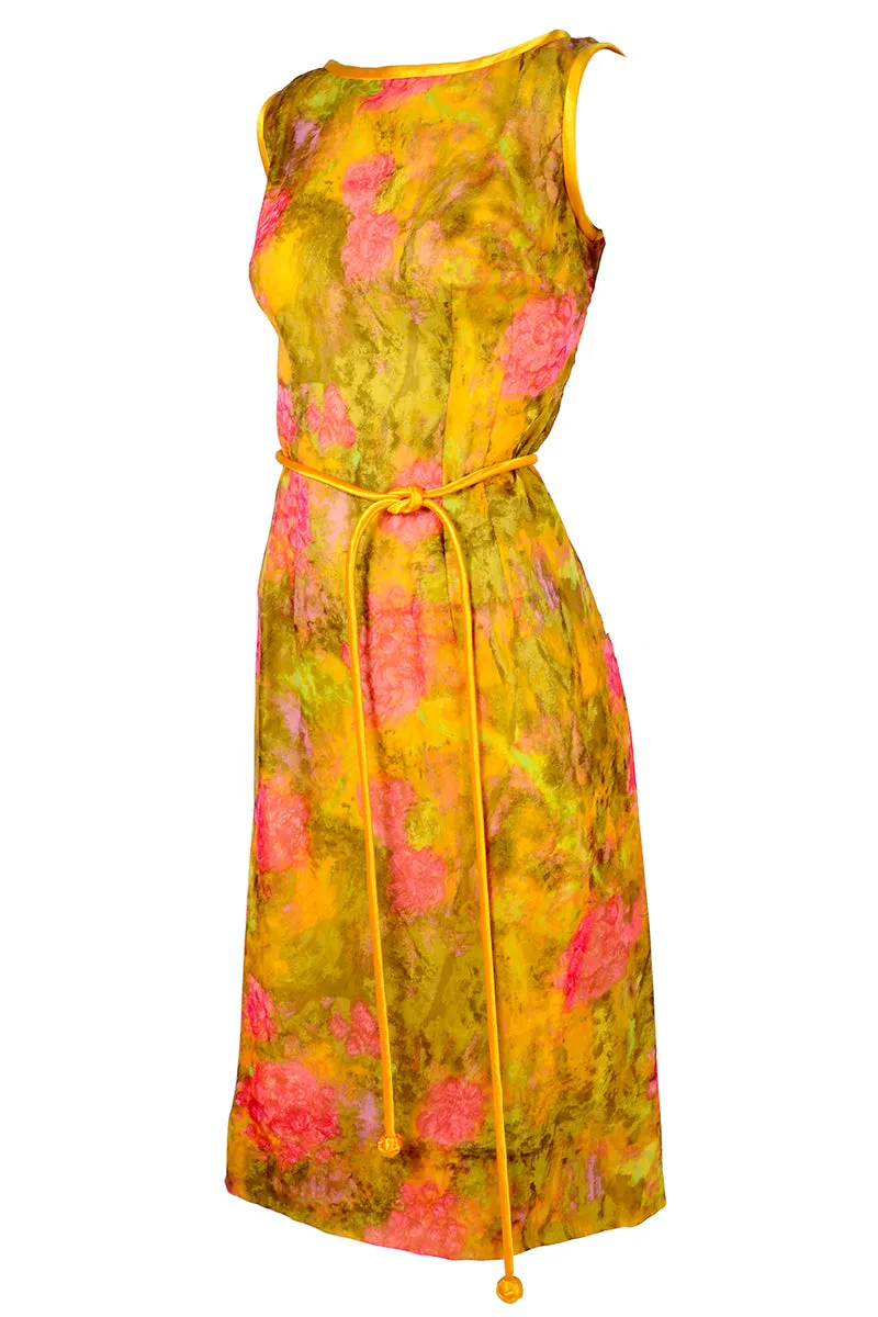 1960's Silk Vintage Dress in Yellow Green Pink Floral Silk Chiffon