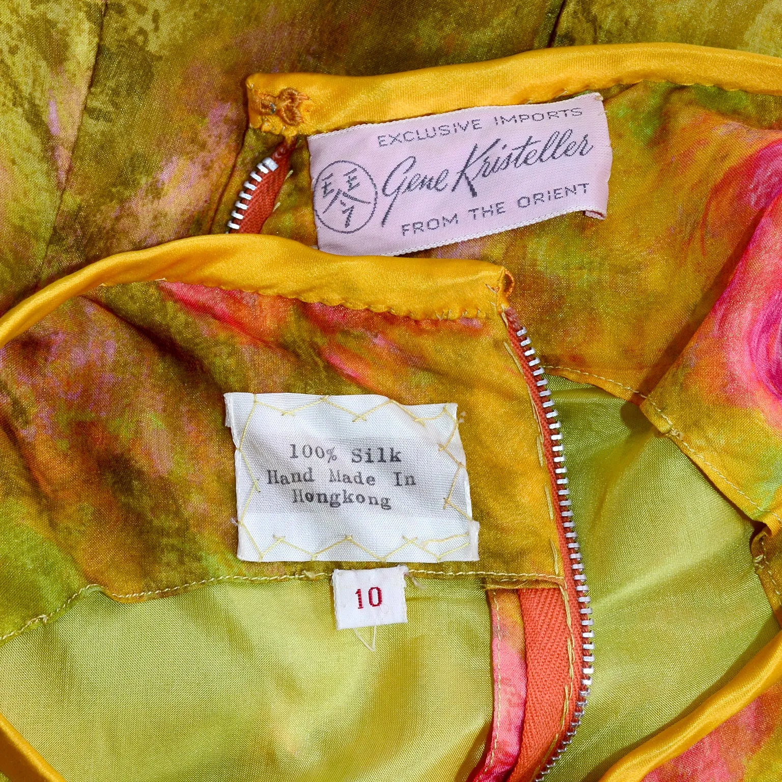 1960's Silk Vintage Dress in Yellow Green Pink Floral Silk Chiffon