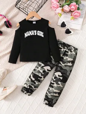 2pcs/Set Girls' Slouchy Open Shoulder Ribbed Sweater Top   Camo Pants, Casual Fashion Outfit