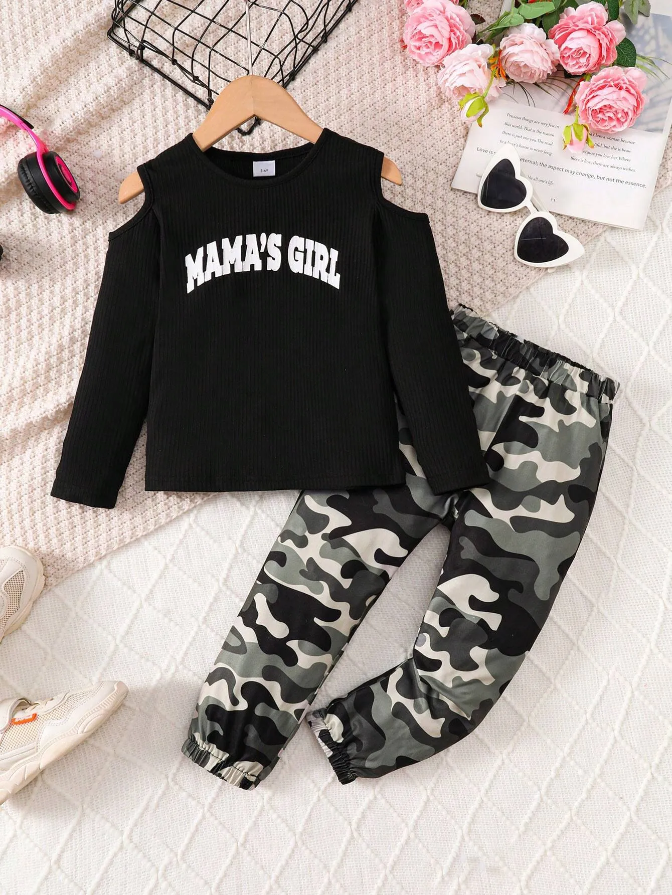 2pcs/Set Girls' Slouchy Open Shoulder Ribbed Sweater Top   Camo Pants, Casual Fashion Outfit