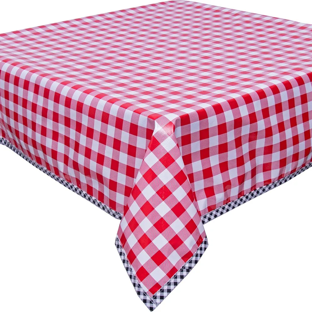 48 x 48 Large Gingham Red Oilcloth Tablecloth with Black Gingham Trim