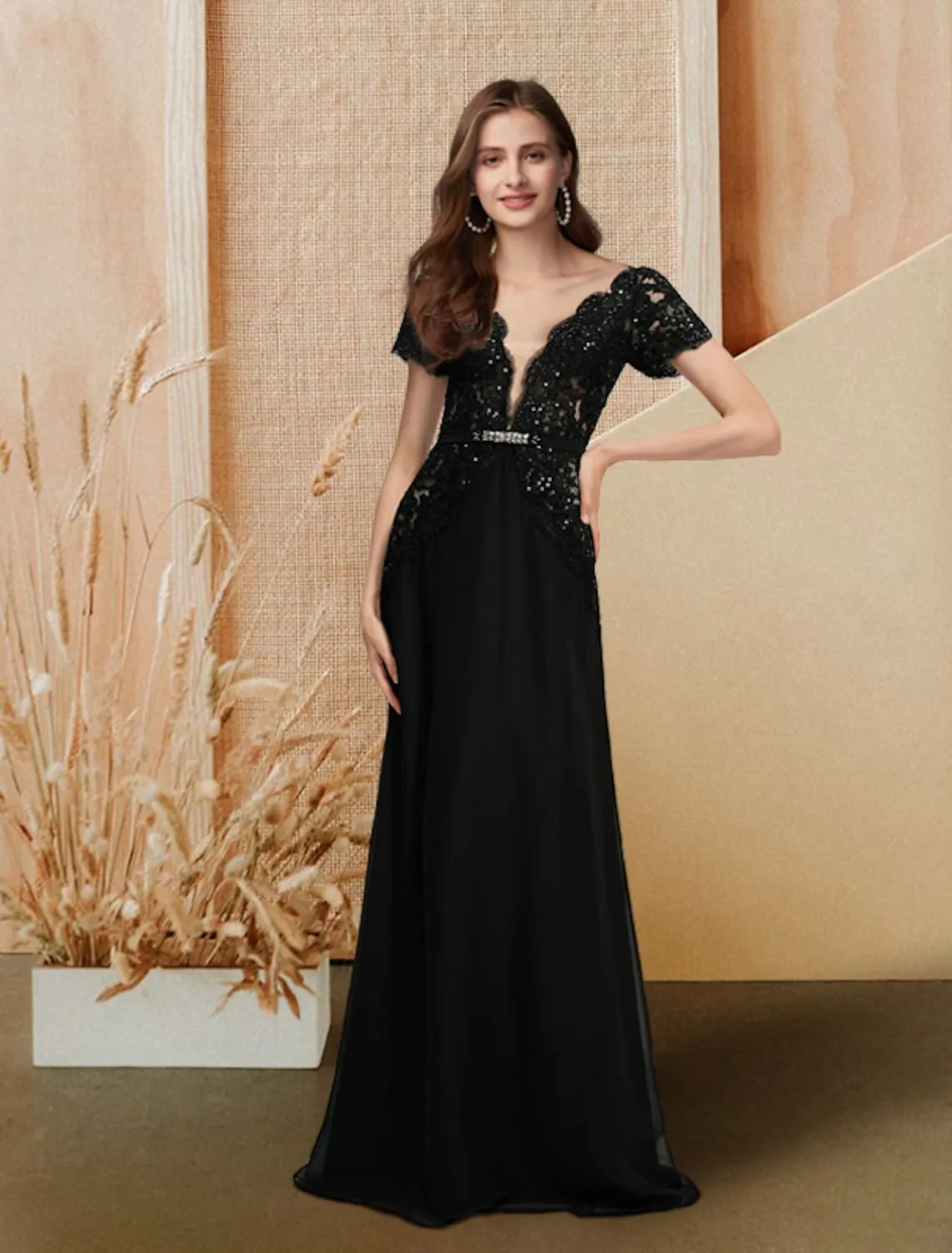 A-Line Evening Gown Dress Engagement Floor Length Short Sleeve V Neck Chiffon with Sequin Lace