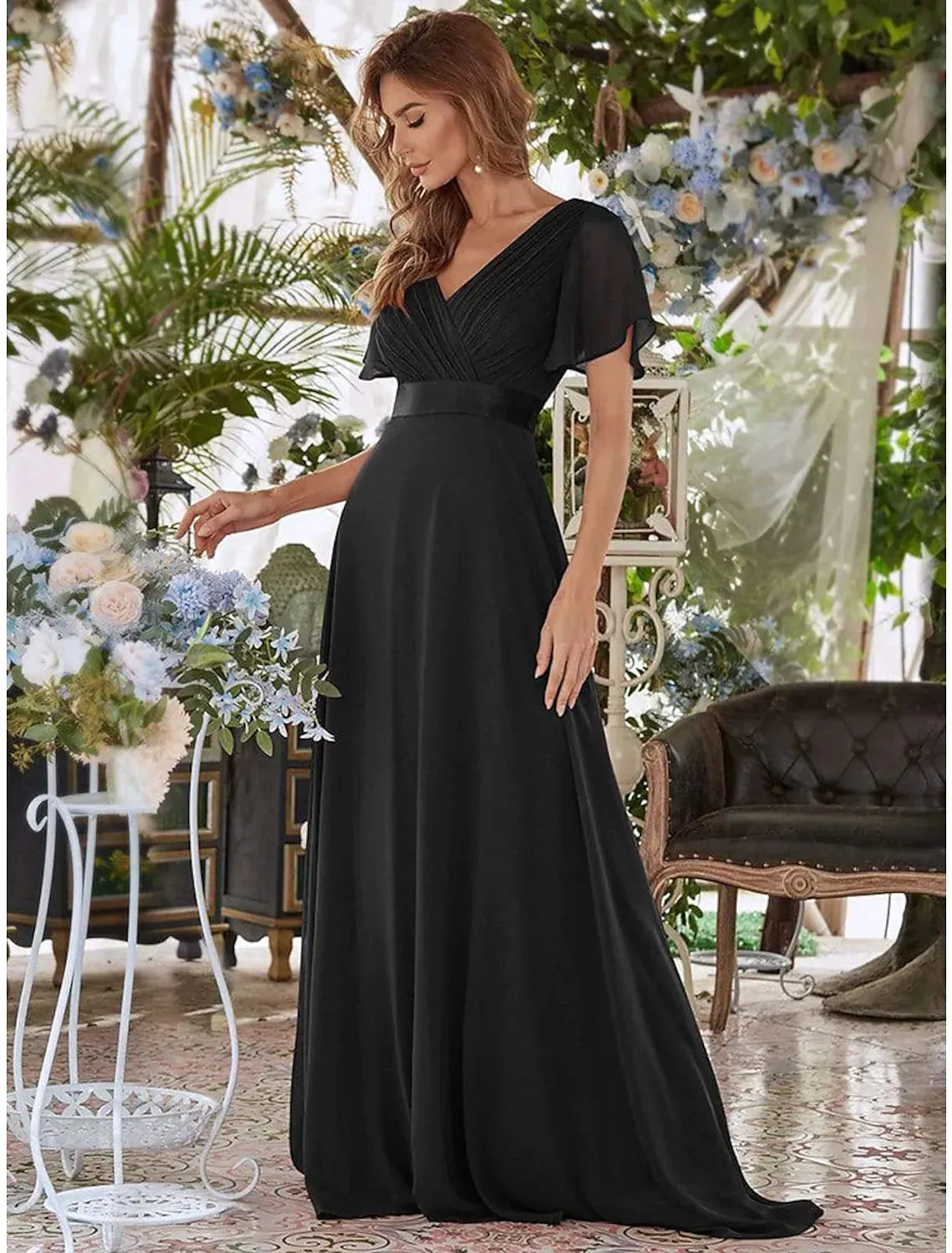 A-Line Evening Gown Dress Wedding Guest Floor Length Short Sleeve V Neck Chiffon V Back with Ruffles