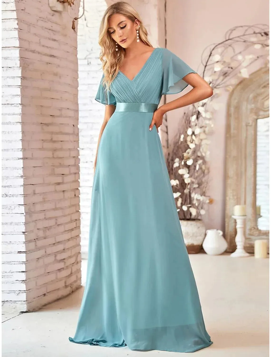 A-Line Evening Gown Dress Wedding Guest Floor Length Short Sleeve V Neck Chiffon V Back with Ruffles