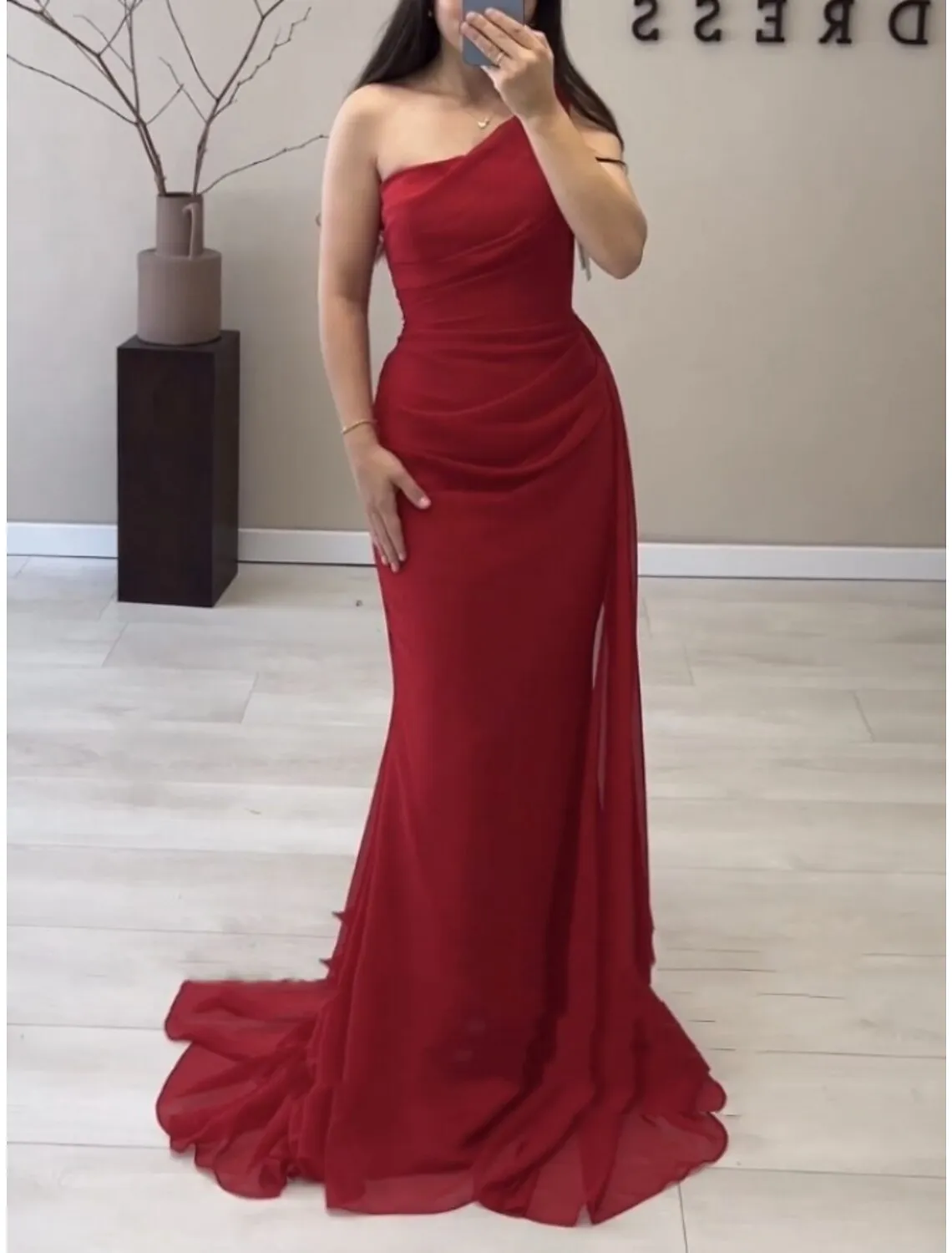 A-Line Evening Gown Elegant Dress Formal Sweep / Brush Train Christmas Red Green Dress Sleeveless One Shoulder Stretch Chiffon with Pleats Ruched