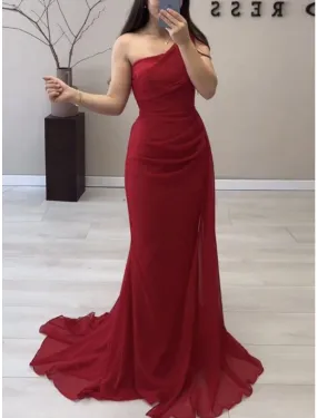 A-Line Evening Gown Elegant Dress Formal Sweep / Brush Train Christmas Red Green Dress Sleeveless One Shoulder Stretch Chiffon with Pleats Ruched