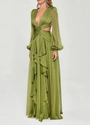 A-Line Evening Gown Elegant Floor Length Long Sleeve V Neck Chiffon Crisscross Back with Criss Cross Ruffles