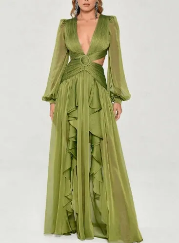 A-Line Evening Gown Elegant Floor Length Long Sleeve V Neck Chiffon Crisscross Back with Criss Cross Ruffles