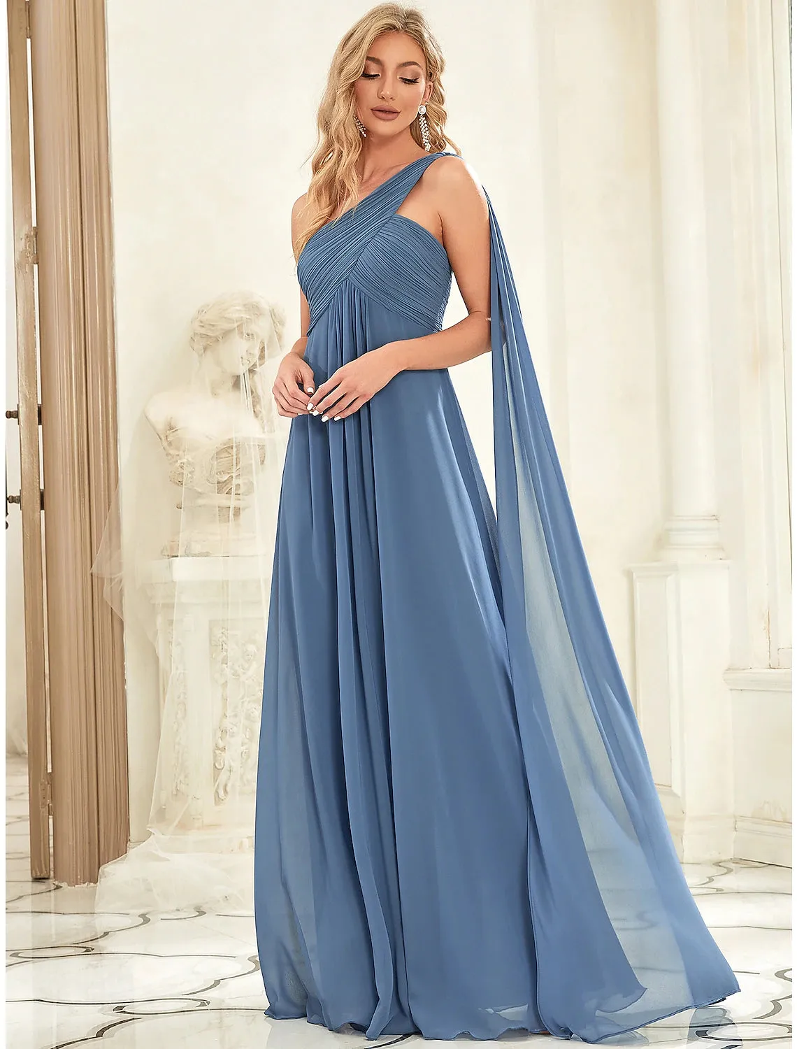 A-Line Evening Gown Empire Dress Formal Evening Floor Length Sleeveless One Shoulder Bridesmaid Dress Chiffon Backless with Pleats Draping