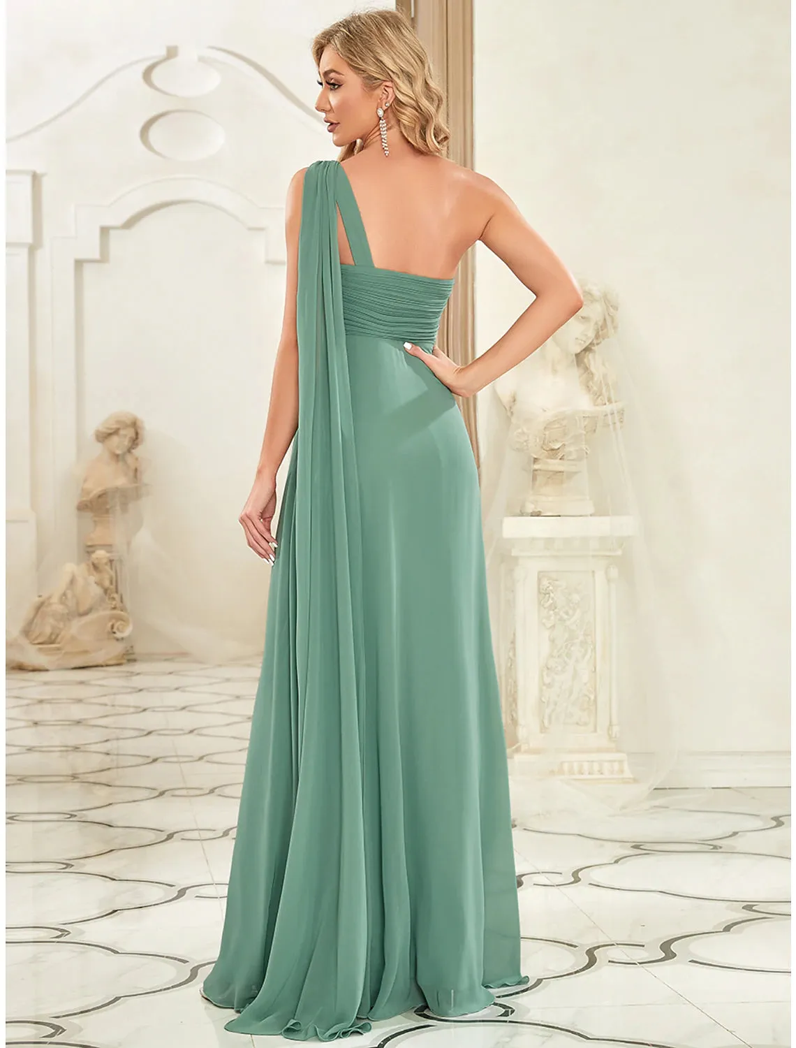 A-Line Evening Gown Empire Dress Formal Evening Floor Length Sleeveless One Shoulder Bridesmaid Dress Chiffon Backless with Pleats Draping