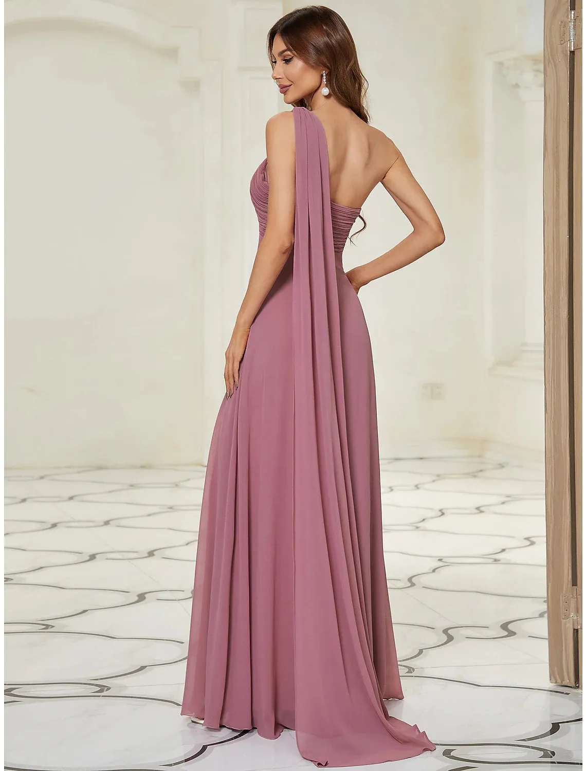 A-Line Evening Gown Empire Dress Formal Evening Floor Length Sleeveless One Shoulder Bridesmaid Dress Chiffon Backless with Pleats Draping