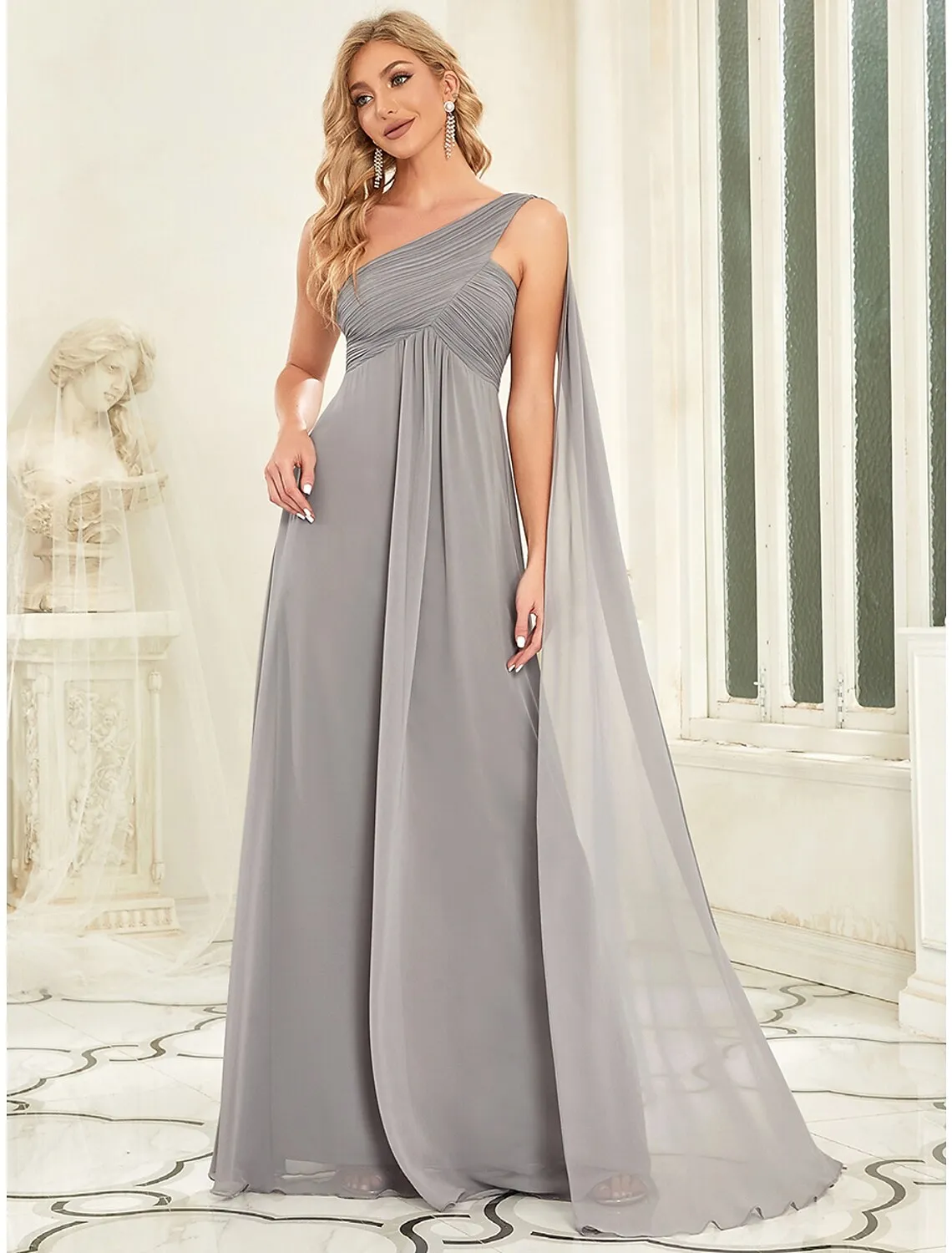 A-Line Evening Gown Empire Dress Formal Evening Floor Length Sleeveless One Shoulder Bridesmaid Dress Chiffon Backless with Pleats Draping