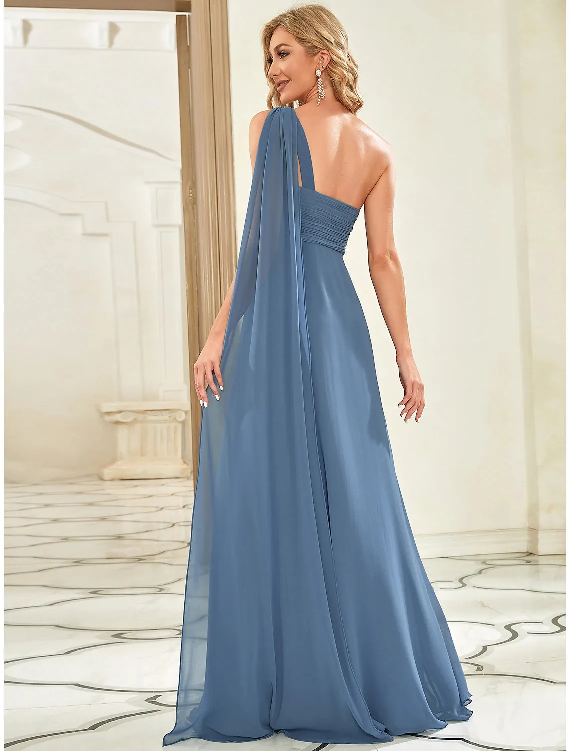 A-Line Evening Gown Empire Dress Formal Evening Floor Length Sleeveless One Shoulder Bridesmaid Dress Chiffon Backless with Pleats Draping