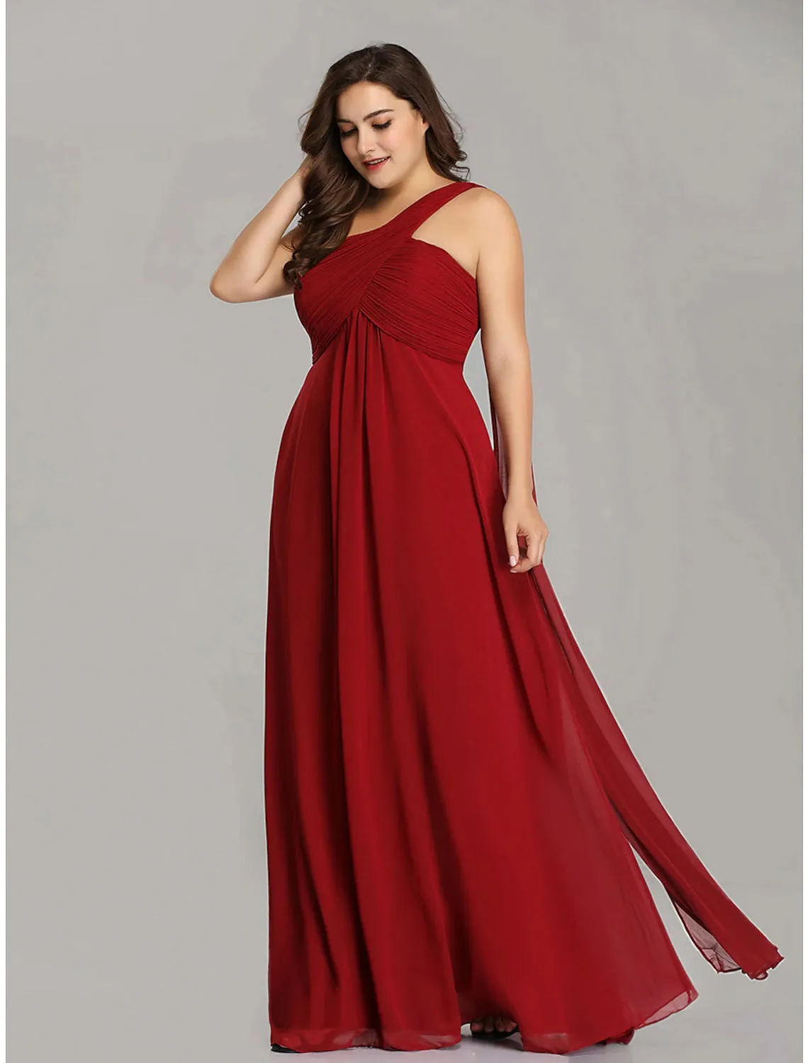 A-Line Evening Gown Empire Dress Wedding Guest Formal Evening Floor Length Sleeveless One Shoulder Bridesmaid Dress Chiffon Backless with Pleats Draping