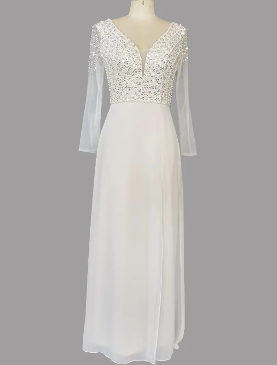 A-Line Evening Gown Glittering Dress Engagement Sweep / Brush Train Short Sleeve V Neck Chiffon with Sequin Slit