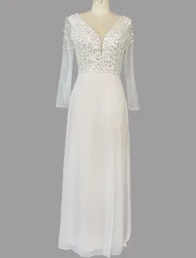 A-Line Evening Gown Glittering Dress Engagement Sweep / Brush Train Short Sleeve V Neck Chiffon with Sequin Slit