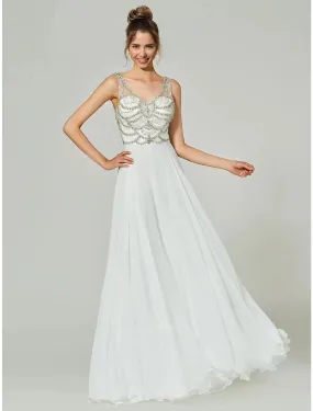 A-Line Evening Gown Open Back Dress Formal Floor Length Sleeveless V Neck Chiffon with Rhinestone