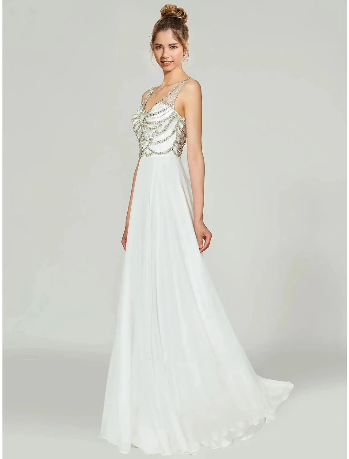 A-Line Evening Gown Open Back Dress Formal Wedding Party Floor Length Sleeveless V Neck Chiffon with Rhinestone