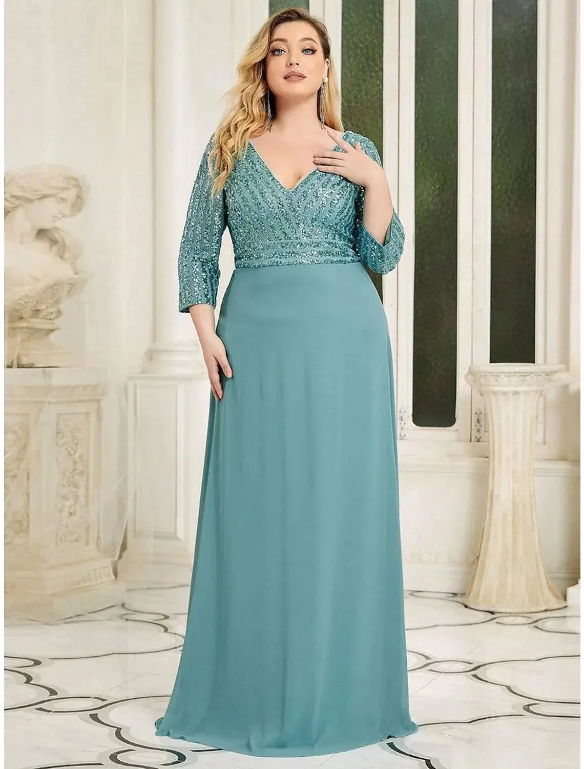 A-Line Evening Gown Plus Size Dress Wedding Guest Floor Length  Length Sleeve V Neck Chiffon V Back with Sequin