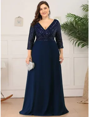 A-Line Evening Gown Plus Size Dress Wedding Guest Floor Length  Length Sleeve V Neck Chiffon V Back with Sequin