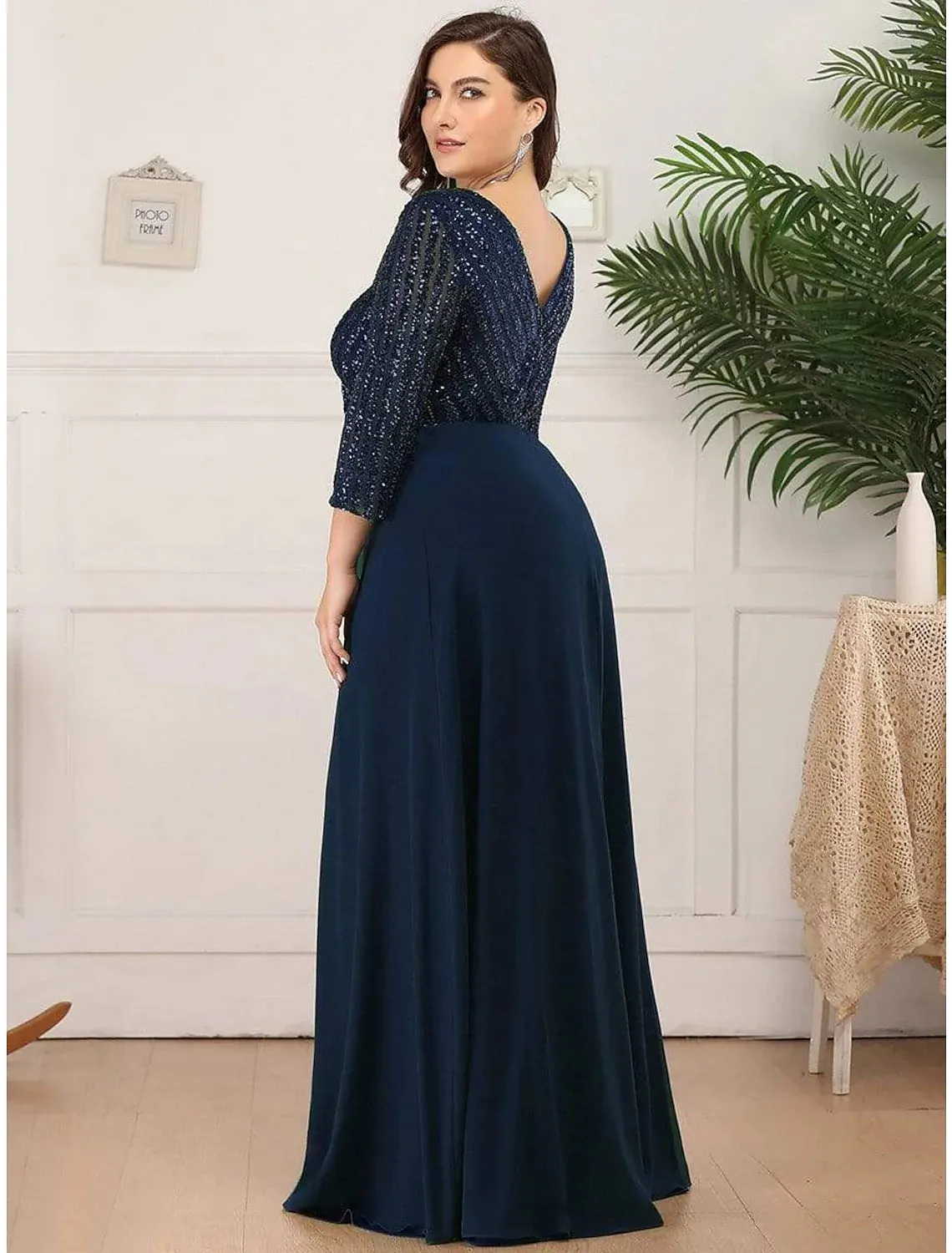 A-Line Evening Gown Plus Size Dress Wedding Guest Floor Length  Length Sleeve V Neck Chiffon V Back with Sequin