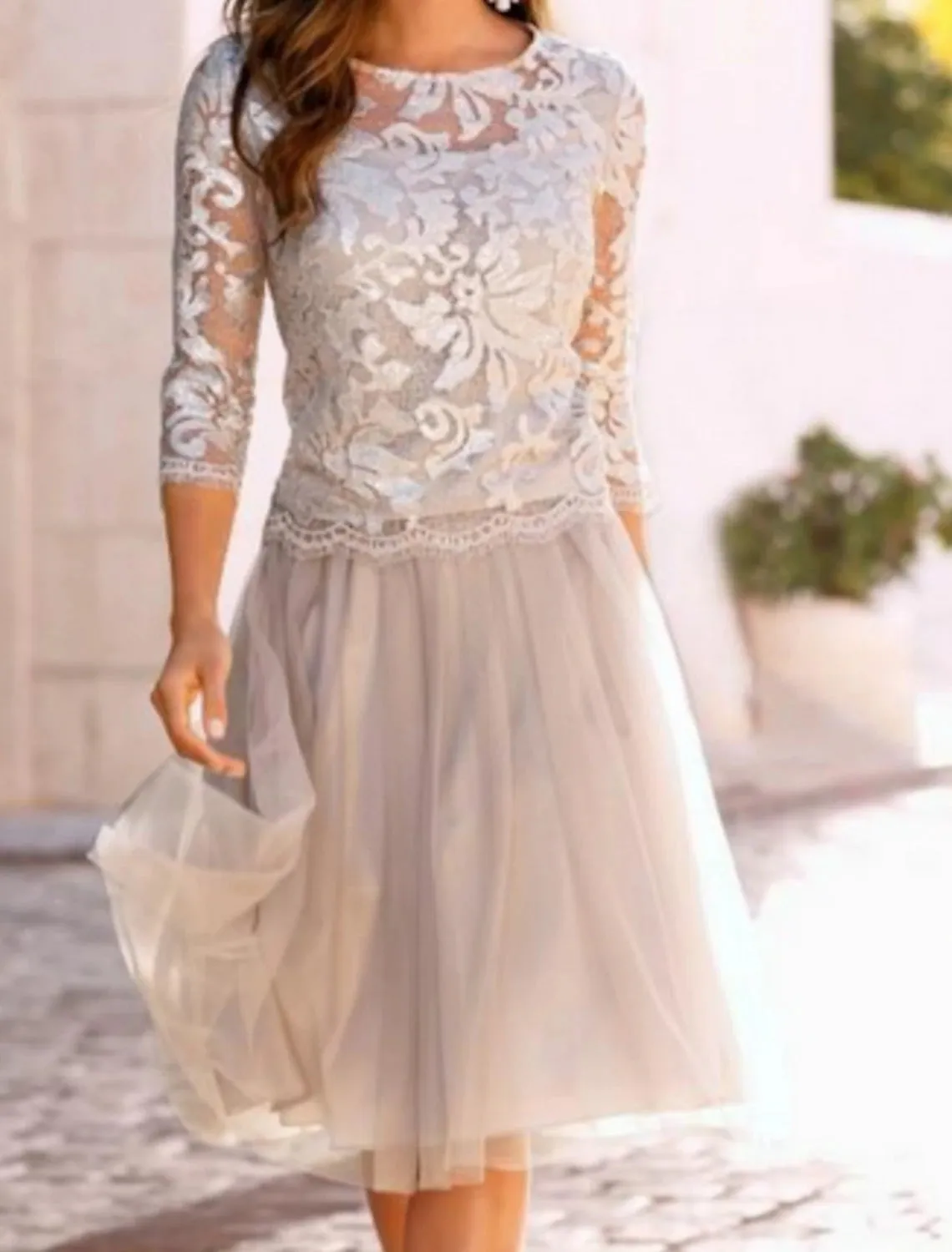 A-Line Mother of the Bride Dress Wedding Guest Elegant See Through Jewel Neck Knee Length Lace Tulle