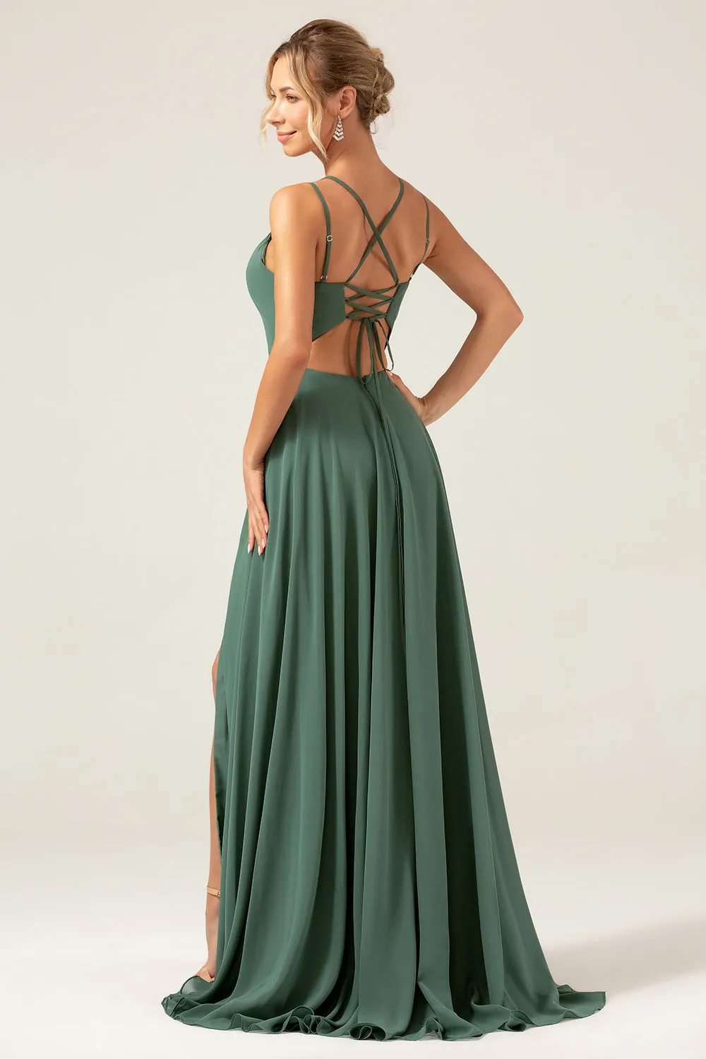 A-Line Spaghetti Straps Backless Pleated Eucalyptus Bridesmaid Dress