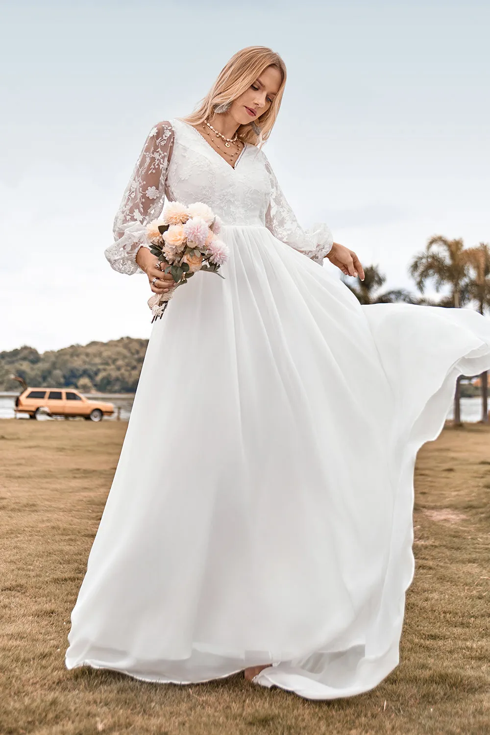 A Line V Neck Ivory Chiffon Sweep Train Boho Wedding Dress with Lace