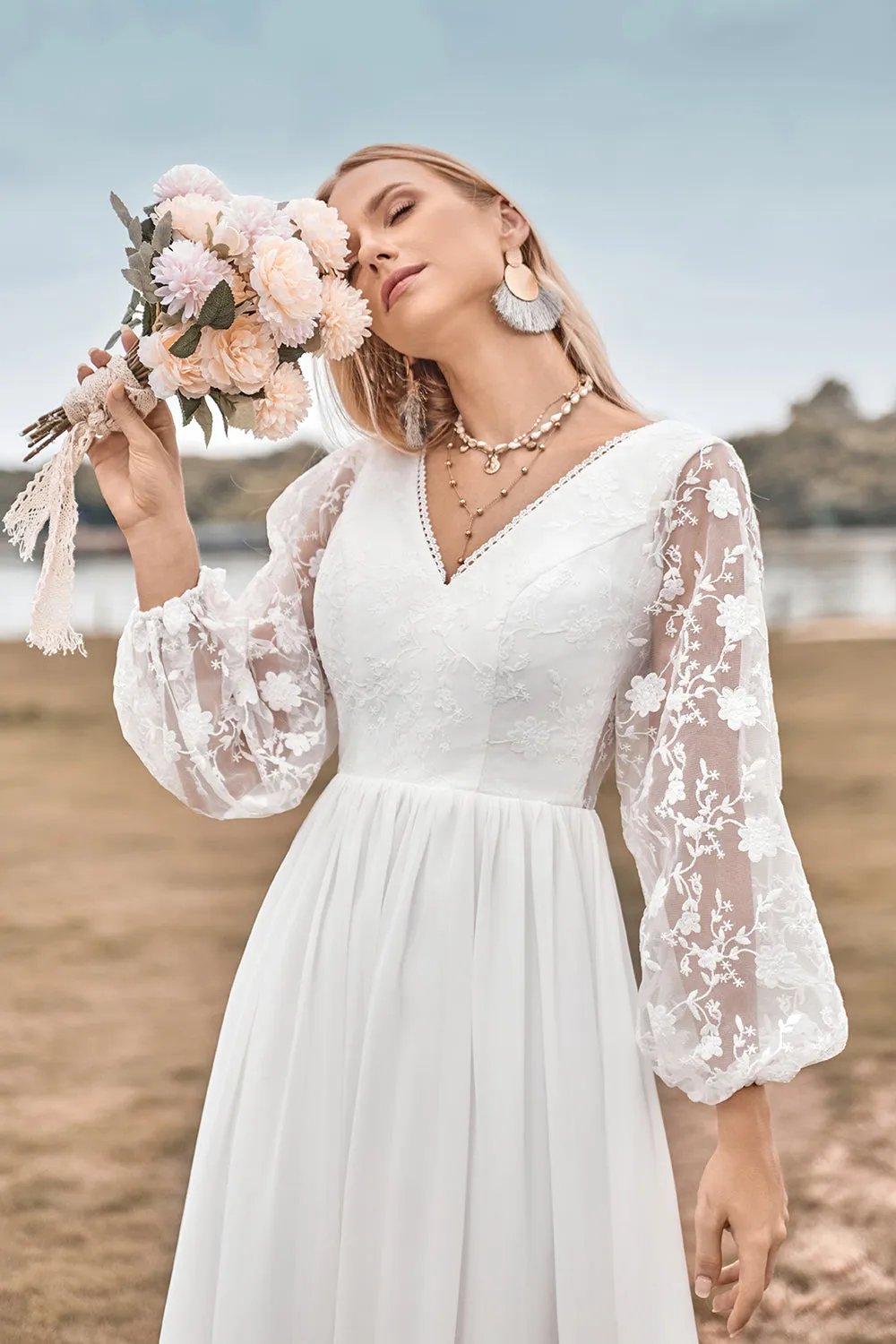 A Line V Neck Ivory Chiffon Sweep Train Boho Wedding Dress with Lace