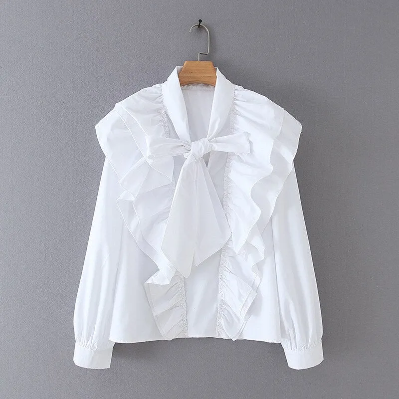 Amy Fashion - Chic Bow Tie Collar White Blouse