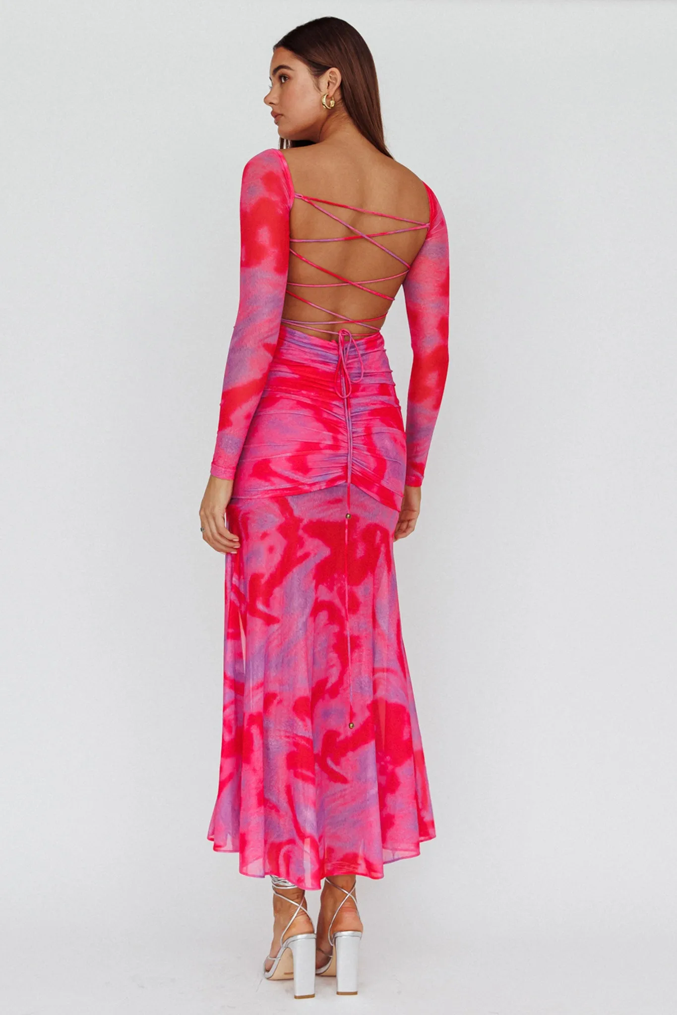 Apryl Long Sleeve Lace-Up Back Maxi Dress Pink