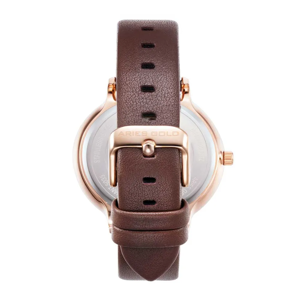 ARIES GOLD ENCHANT FLEUR ROSE GOLD STAINLESS STEEL L 5035 RG-MP LEATHER STRAP WOMEN'S WATCH