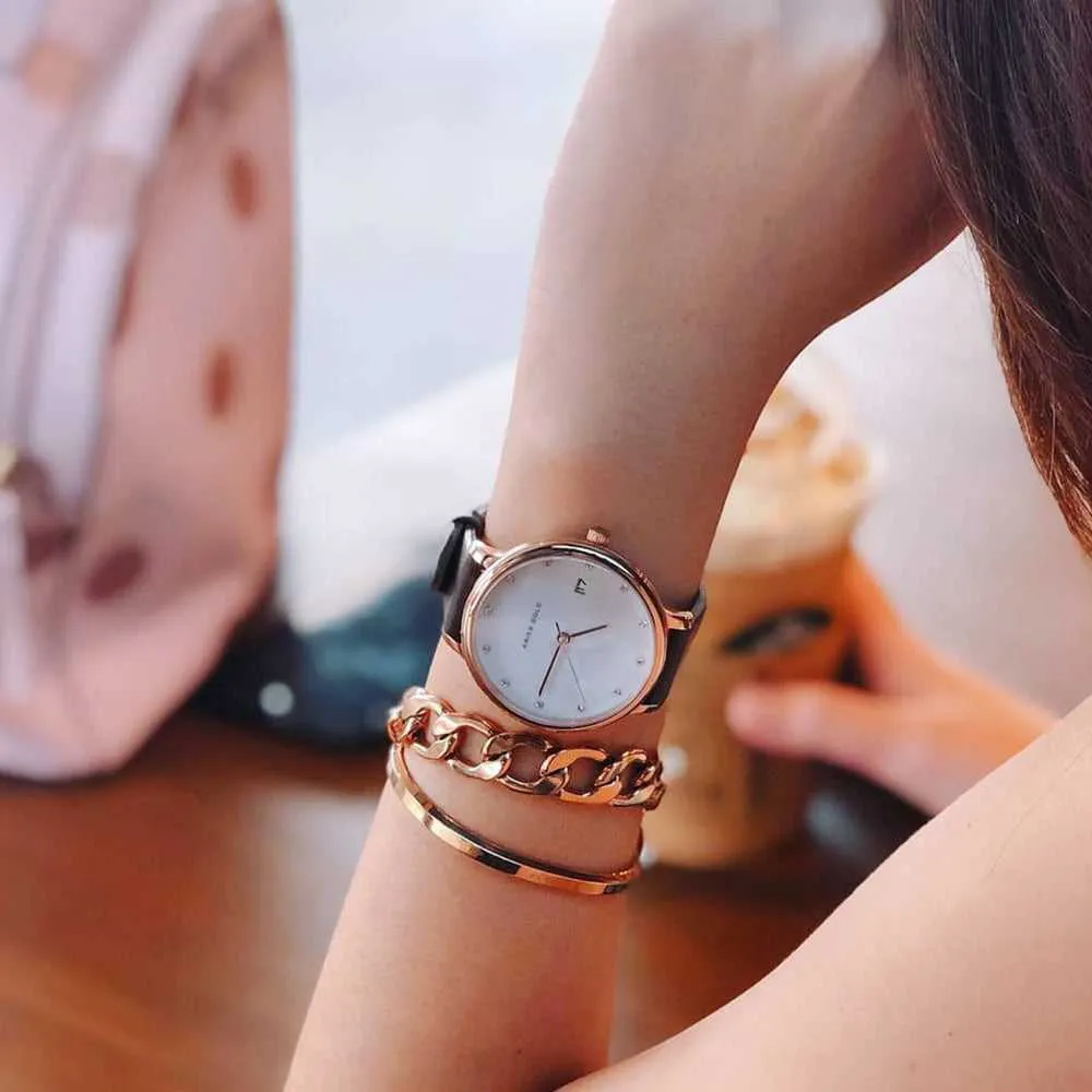 ARIES GOLD ENCHANT FLEUR ROSE GOLD STAINLESS STEEL L 5035 RG-MP LEATHER STRAP WOMEN'S WATCH