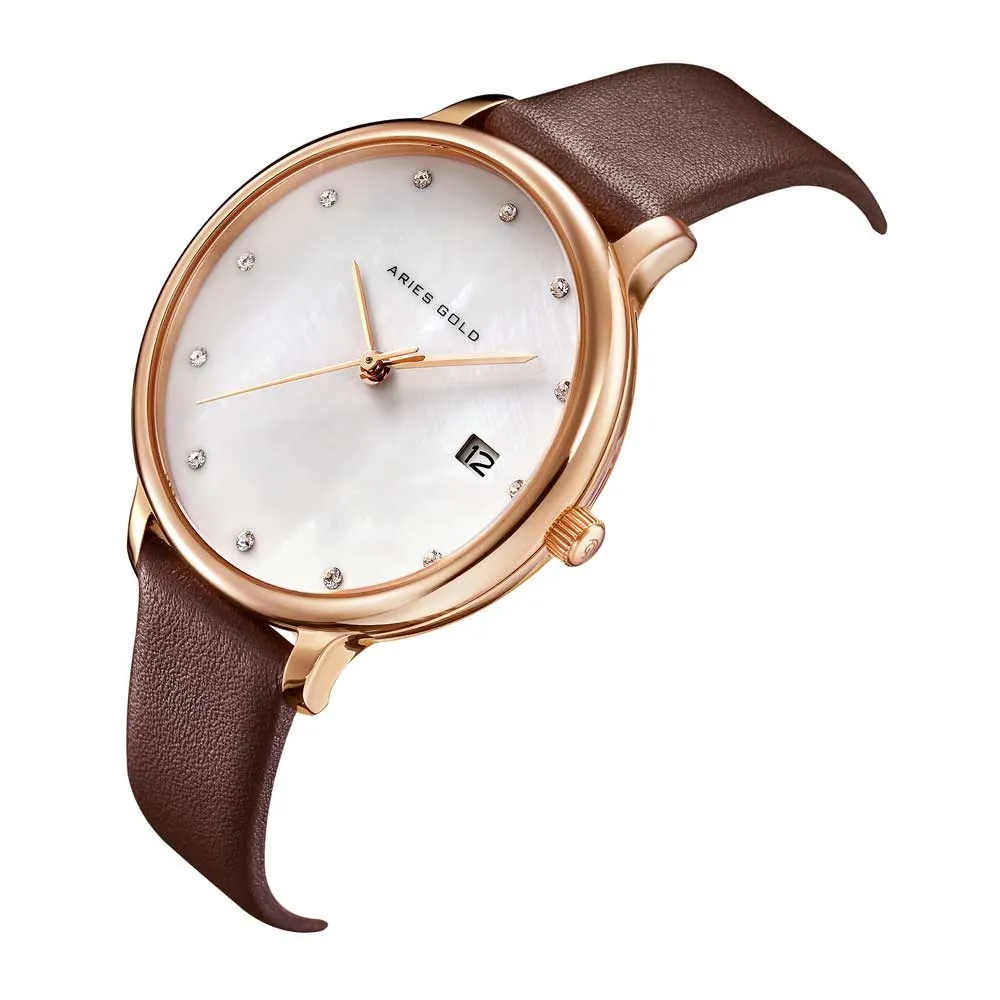 ARIES GOLD ENCHANT FLEUR ROSE GOLD STAINLESS STEEL L 5035 RG-MP LEATHER STRAP WOMEN'S WATCH