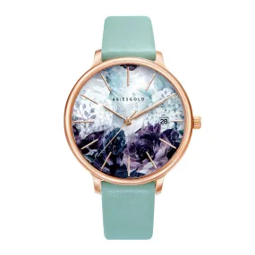 ARIES GOLD ENCHANT FLEUR ROSE GOLD STAINLESS STEEL L 5035A RG-GNFL TURQUOISE LEATHER STRAP WOMEN'S WATCH