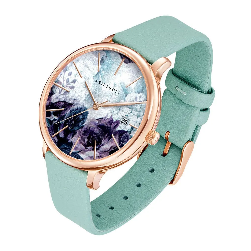 ARIES GOLD ENCHANT FLEUR ROSE GOLD STAINLESS STEEL L 5035A RG-GNFL TURQUOISE LEATHER STRAP WOMEN'S WATCH