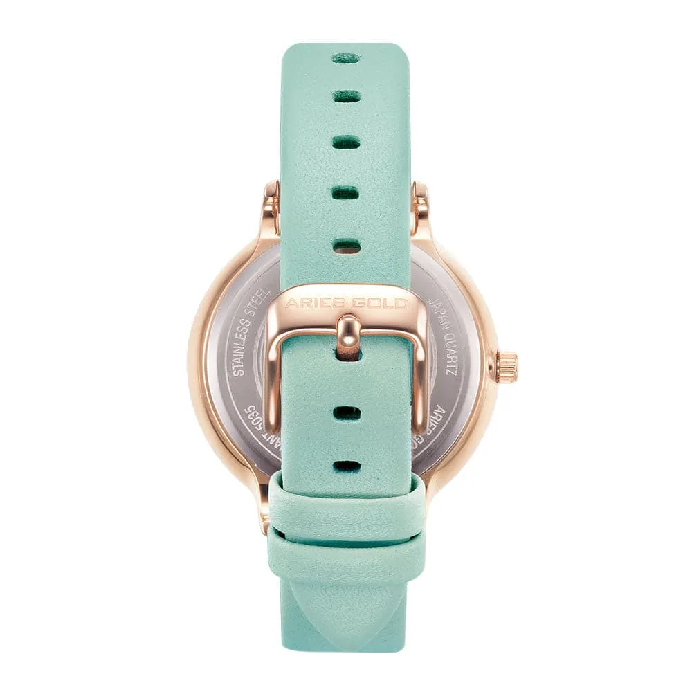 ARIES GOLD ENCHANT FLEUR ROSE GOLD STAINLESS STEEL L 5035A RG-GNFL TURQUOISE LEATHER STRAP WOMEN'S WATCH