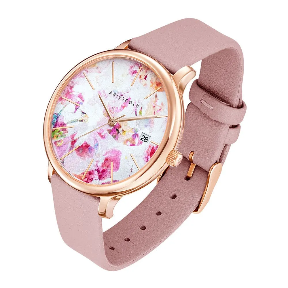 ARIES GOLD ENCHANT FLEUR ROSE GOLD STAINLESS STEEL L 5035A RG-PIFL PINK LEATHER STRAP WOMEN'S WATCH