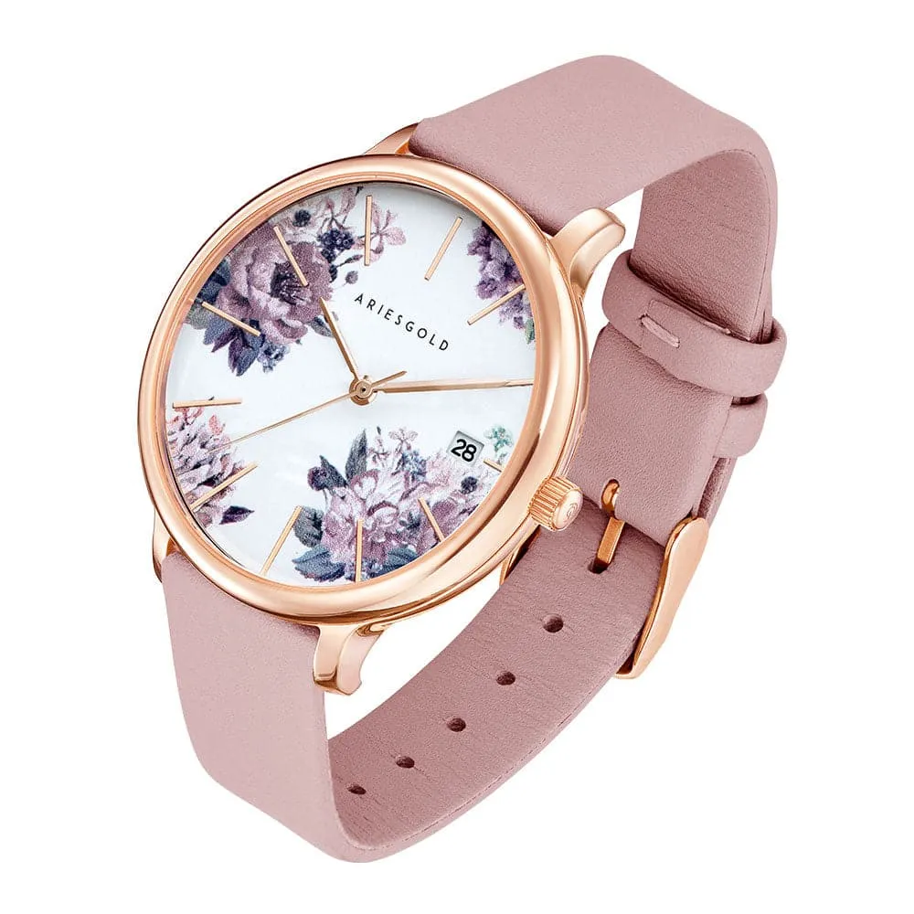 ARIES GOLD ENCHANT FLEUR ROSE GOLD STAINLESS STEEL L 5035A RG-PUFL PINK LEATHER STRAP WOMEN'S WATCH