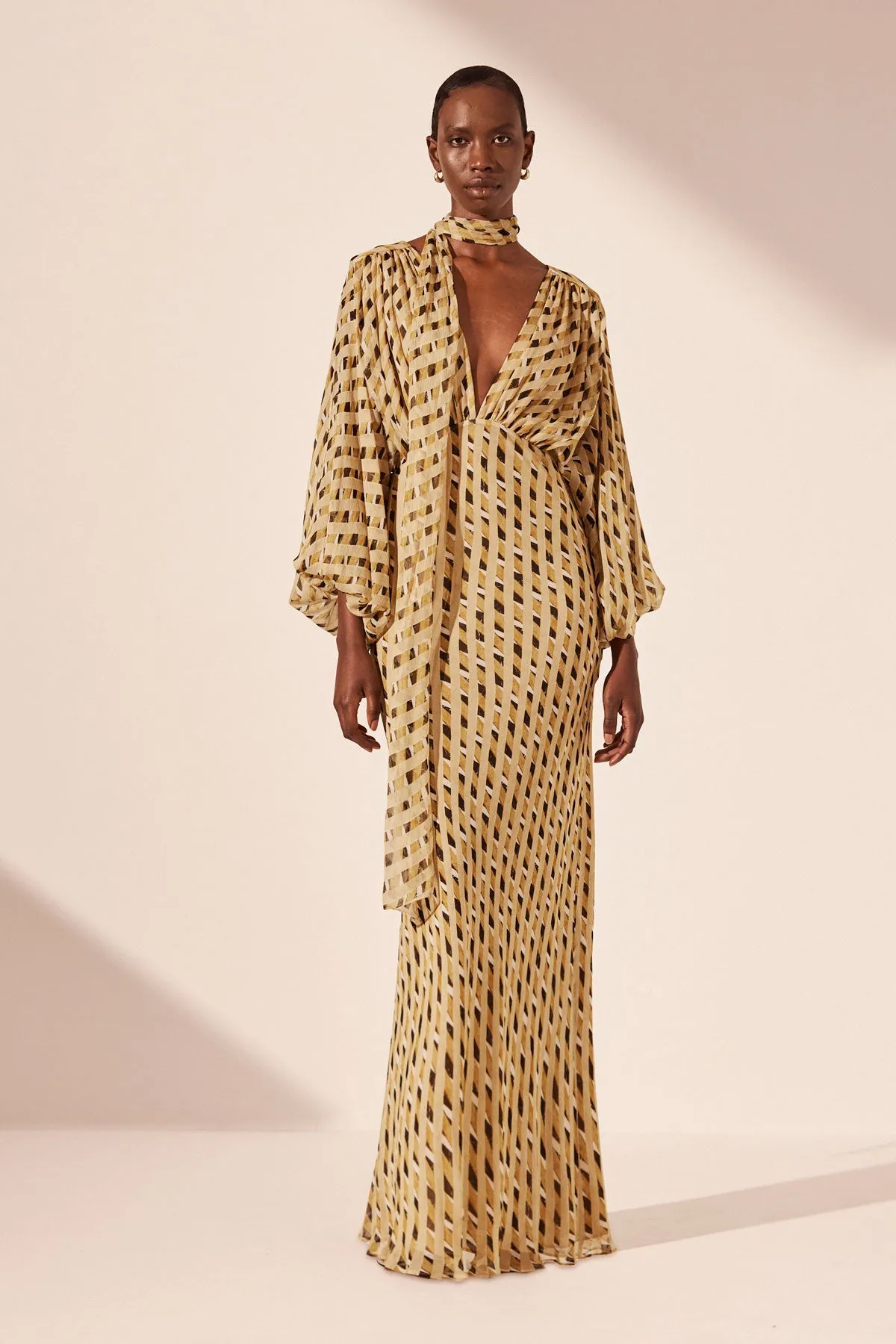 AXEL PLUNGE BALLOON SLEEVE MAXI DRESS